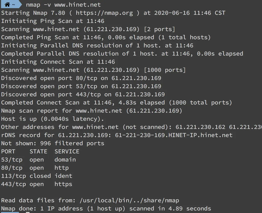 Nmap 常用來確認防火牆以及哪些port有打開(圖 6)