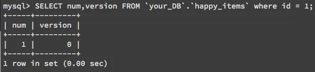用 SELECT num,version FROM `your_DB`.`happy_items` where id = 1; 找出 iphone 庫存資訊
