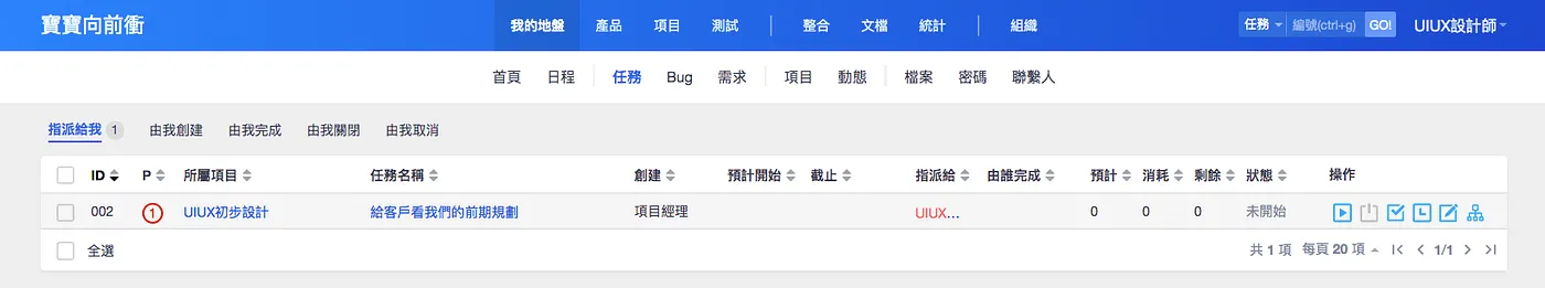 STEP 1：登入後看被指派的任務和Bug（圖 44）