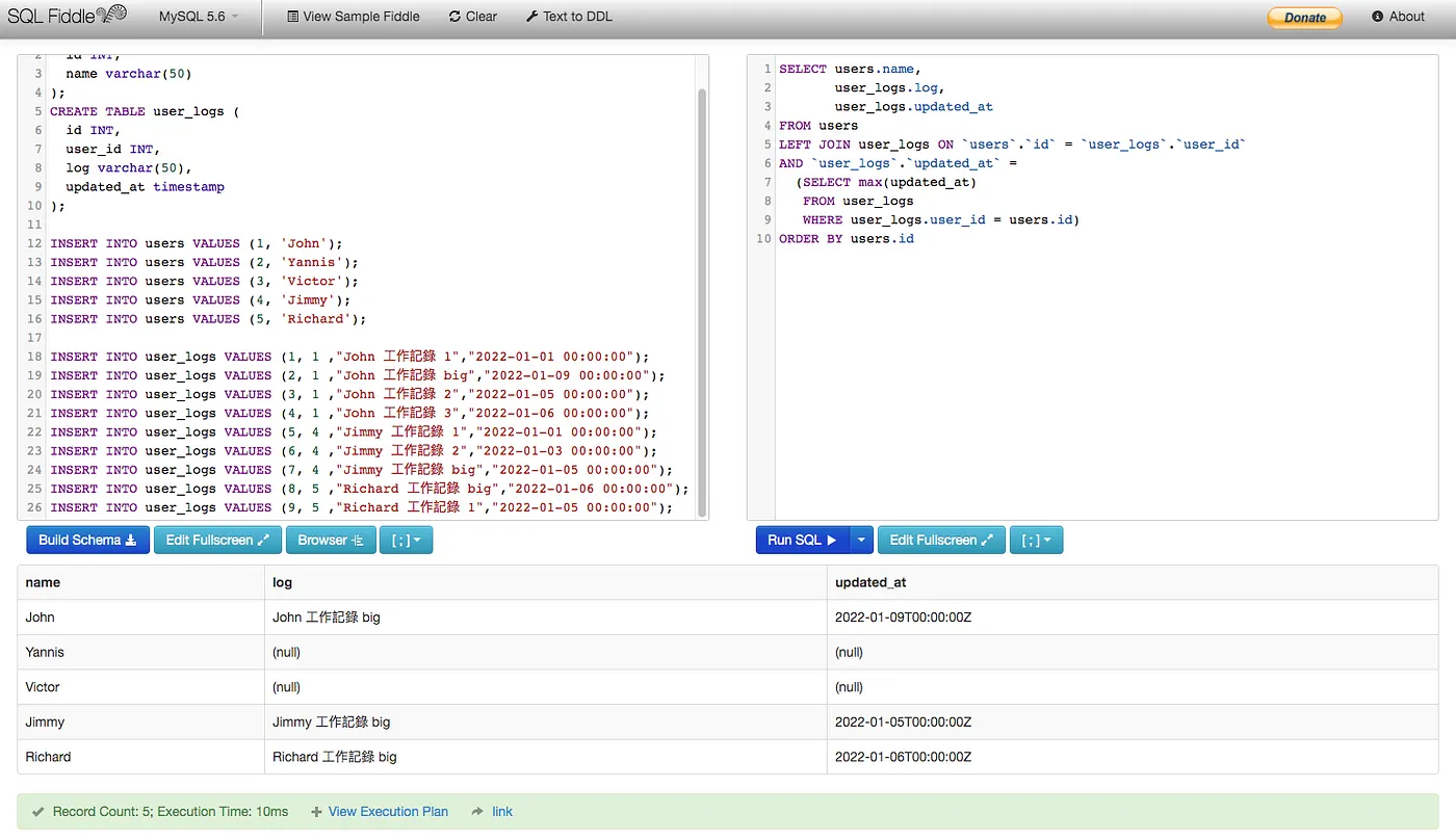 使用SQL fiddle 線上編譯的結果