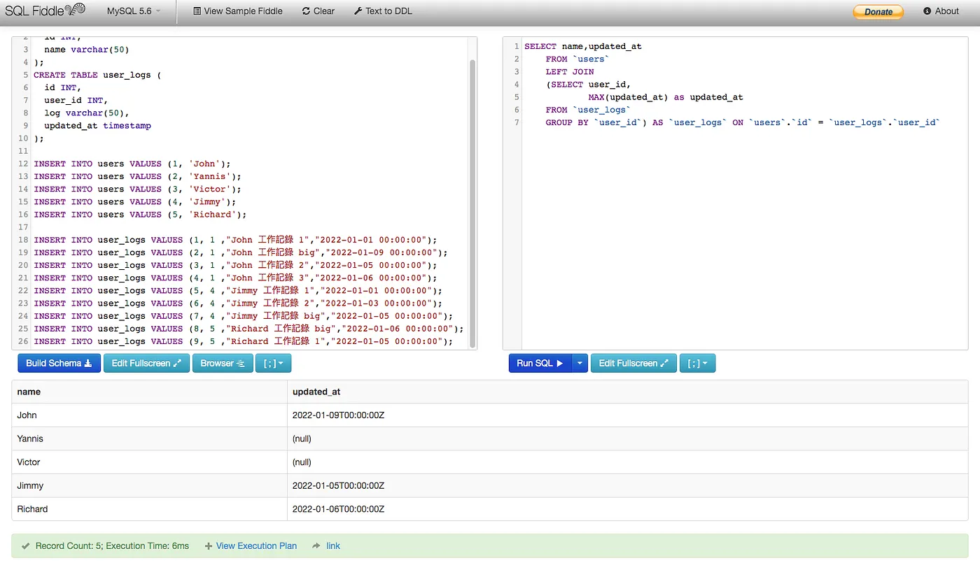使用SQL fiddle 線上編譯的結果