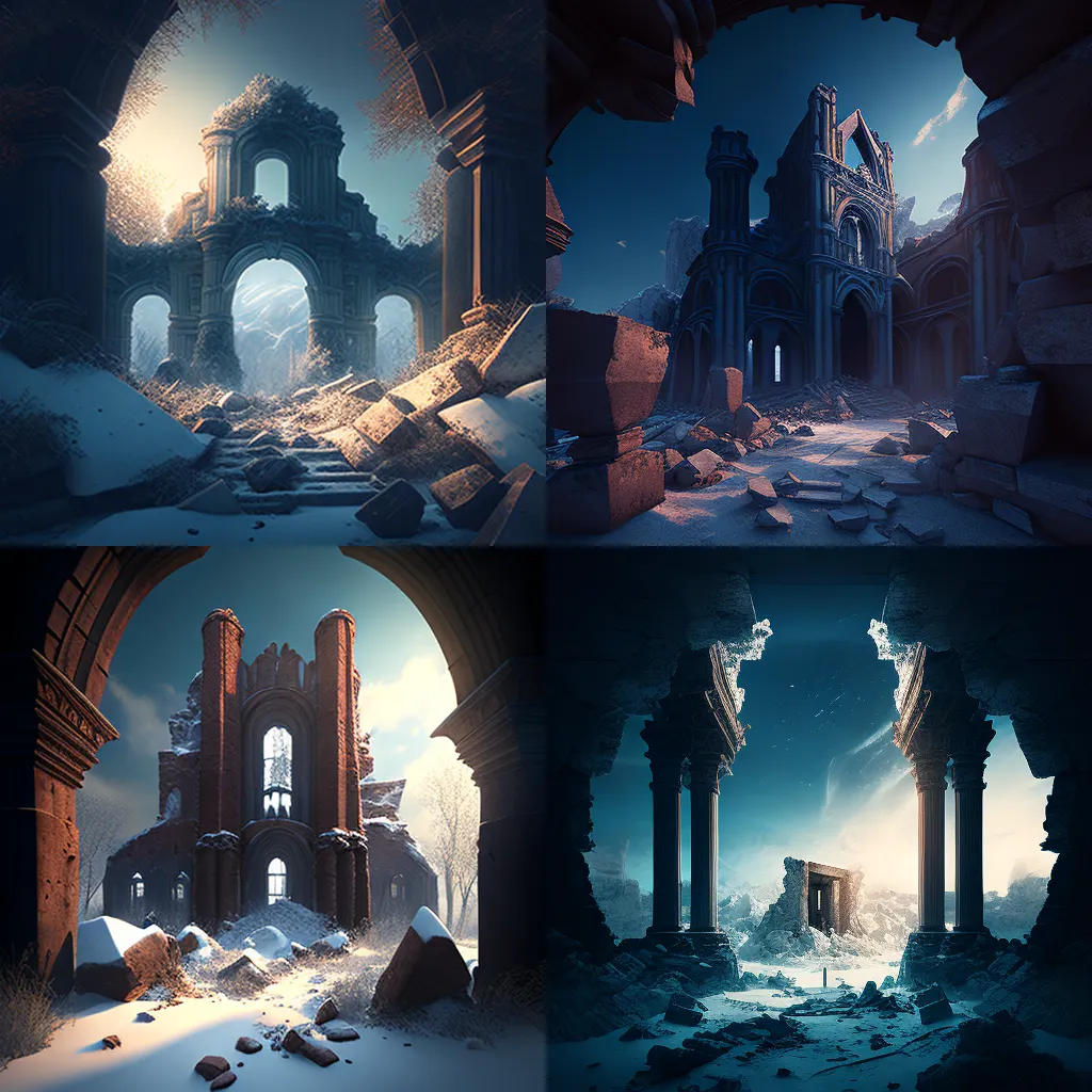 ruins, cinematic, Wide-angle view, depth of field, Cold light（廢墟，電影，廣角鏡頭，景深，冷光）