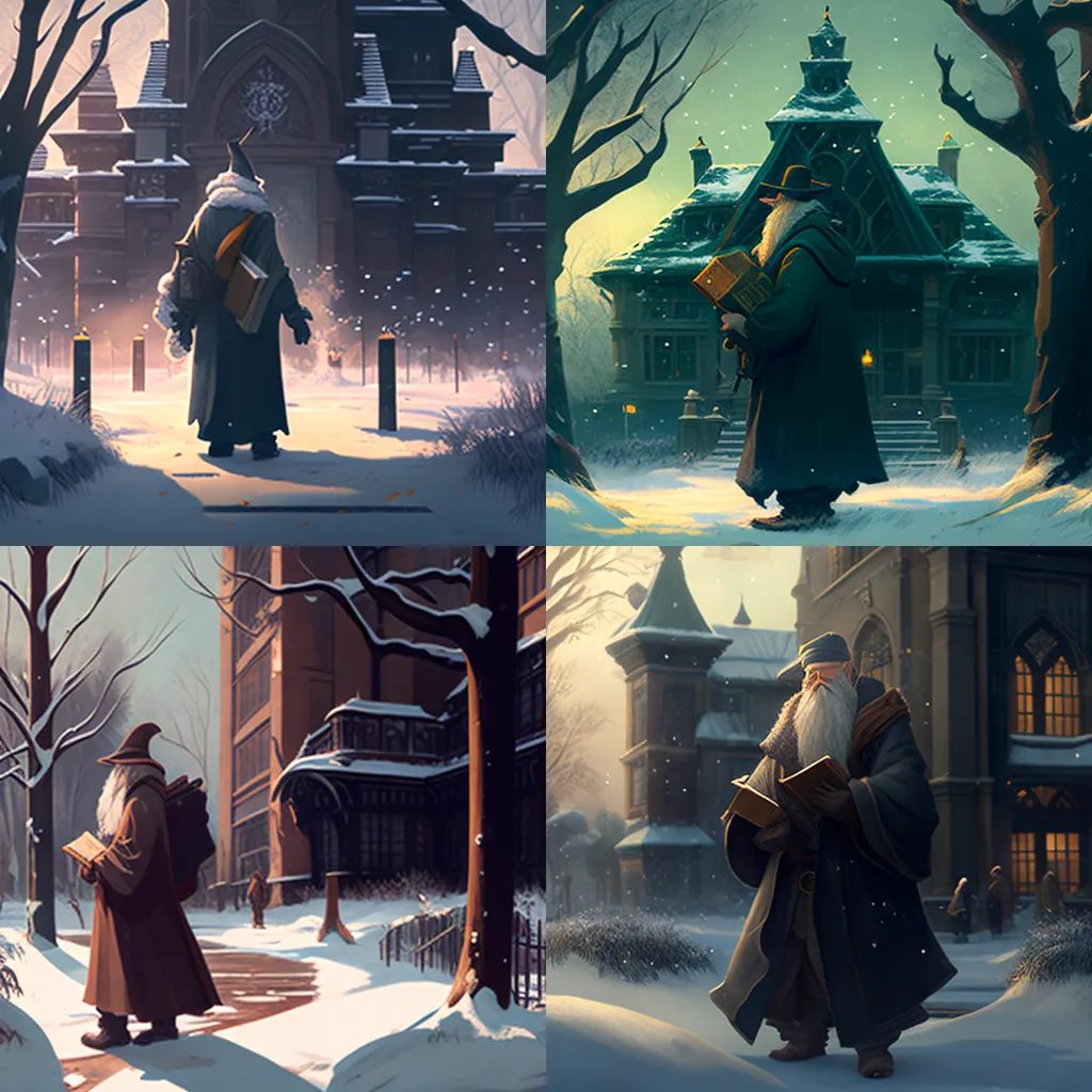 A wizard walks on the winter campus holding a book, with the artistic style of Miyazaki Hayao.（巫師拿著書本走在冬天的校園，用宮崎駿的畫風）