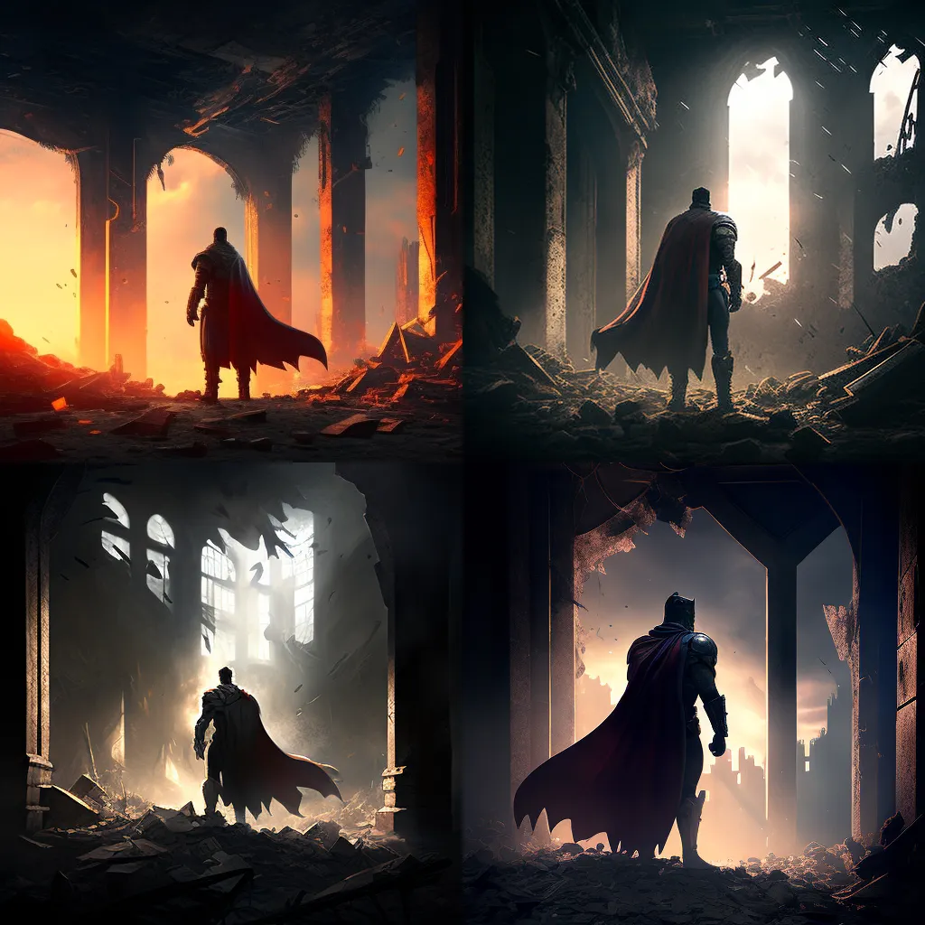 The hero rises from the ruins, Long Shot, in focus, hopeful, Dramatic lighting（英雄從廢墟站起，遠景，對焦，希望，戲劇燈光）