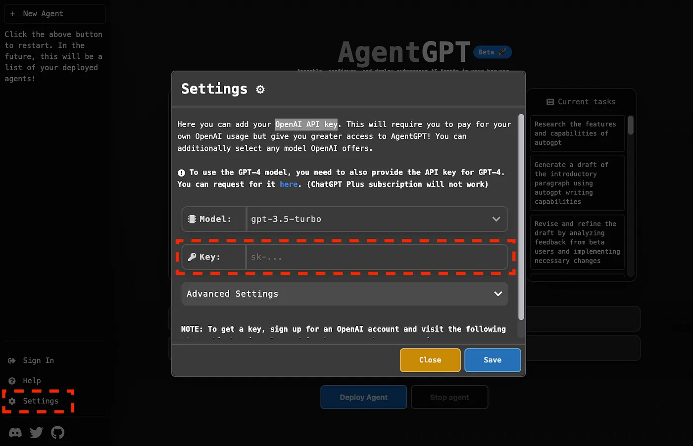 加入 OpenAI API key 讓 AgentGPT 給出更完整的答案(圖 5)