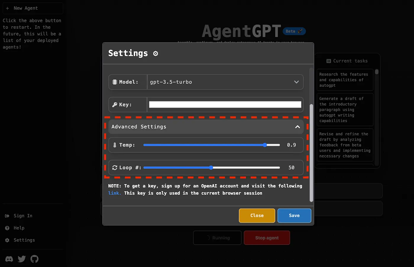 加入 OpenAI API key 讓 AgentGPT 給出更完整的答案(圖 9)