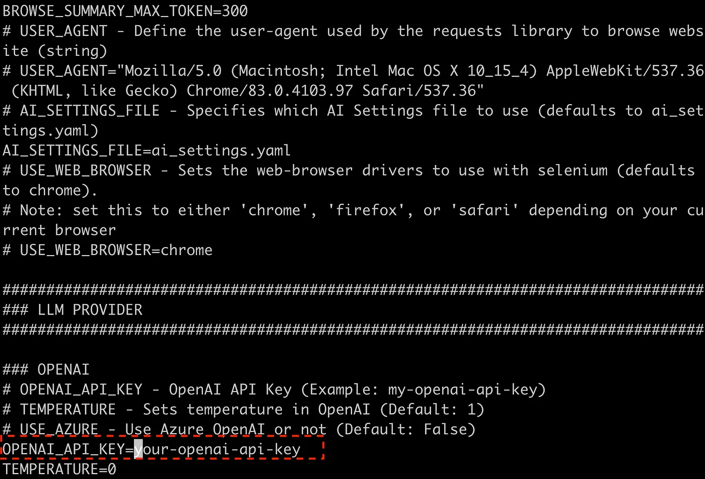 取得 OpenAI 的 API Key，並將它將放入 Auto-GPT 環境檔（圖 9）