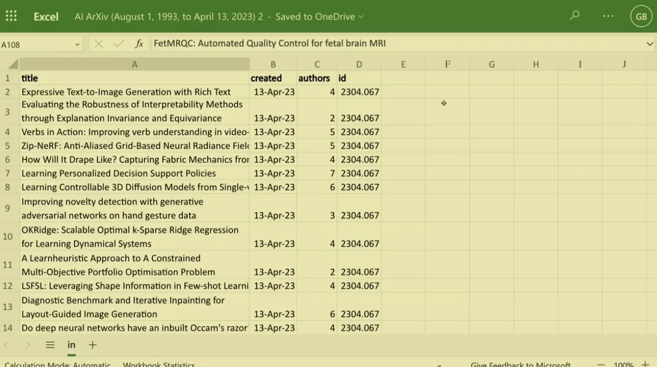 人工智慧論文的 Excel 表