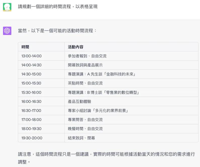 請規劃一個詳細的時間流程，以表格呈現