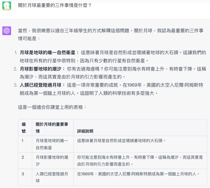 我將回答方式調整為：「當我提出問題時，請以 3 年級能夠理解的方式說明，可以搭配表格呈現」