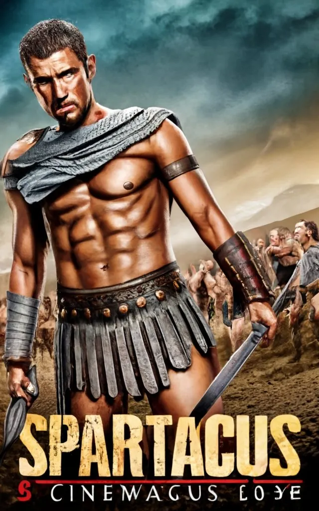 Movie poster with title “spartacus” , cinematic, photo, 3d render, typography, ancient battlefield photography, poster