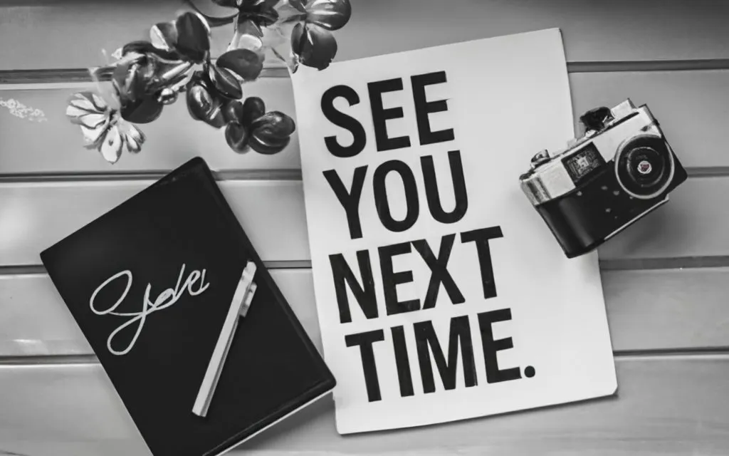 monochrome ink drawing of the text word “See you next time” on an image of a white, with a camera, signature, typography