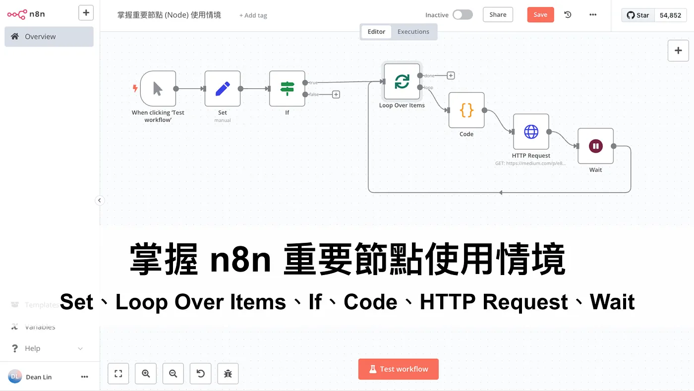 \[n8n 教學\]掌握重要節點 (Node) 使用情境：Set、Loop Over Items、If、Code、HTTP Request、Wait（圖 1）