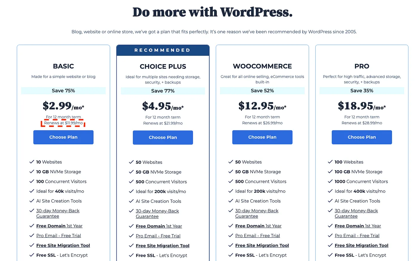 以 Bluehost 這個主機商來說，雖然 Basic 版本一個月才 2.99 美金，換算成台幣連 100 都不到；但大家要注意的是 12 個月後「Renews」的價格，竟然瞬間翻了 4 倍，變成 11.99 美金。