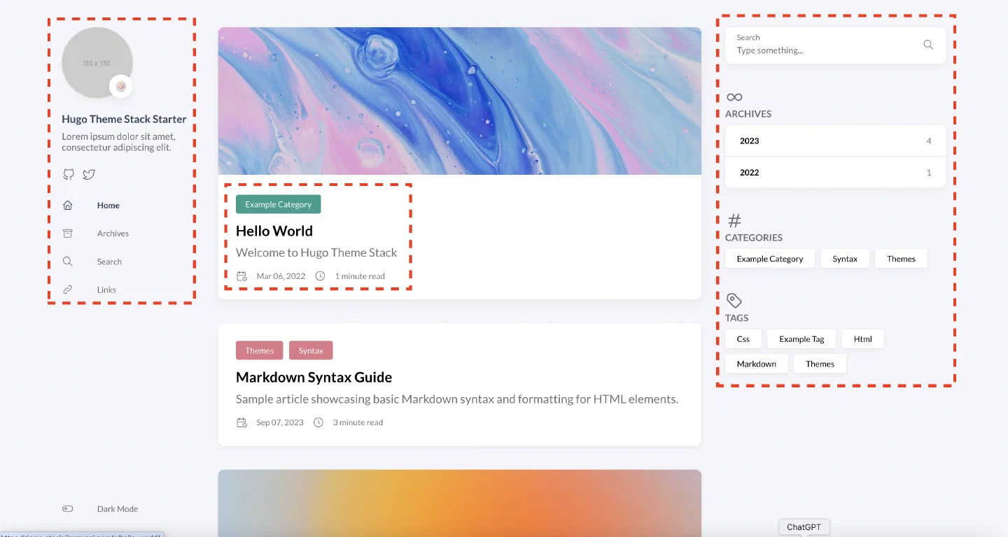 Stack 主題 Demo 首頁的側欄與文章卡片