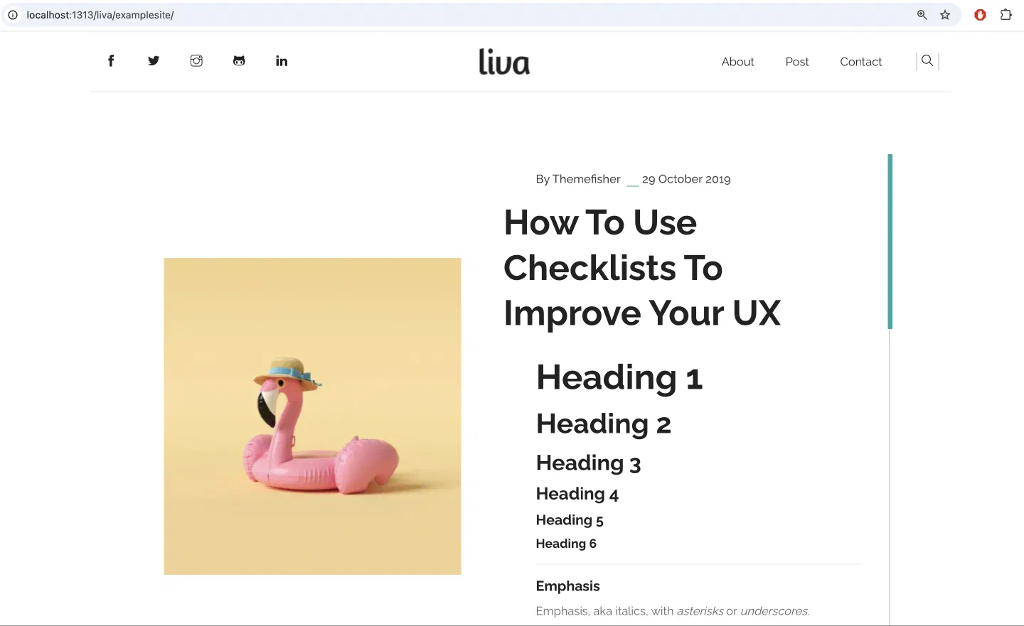 在本機成功啟動的 liva 主題範例網站