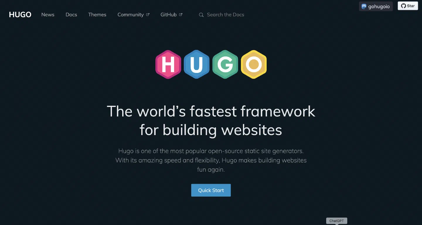 Hugo 官網首頁標語：全球最快的網站建置框架