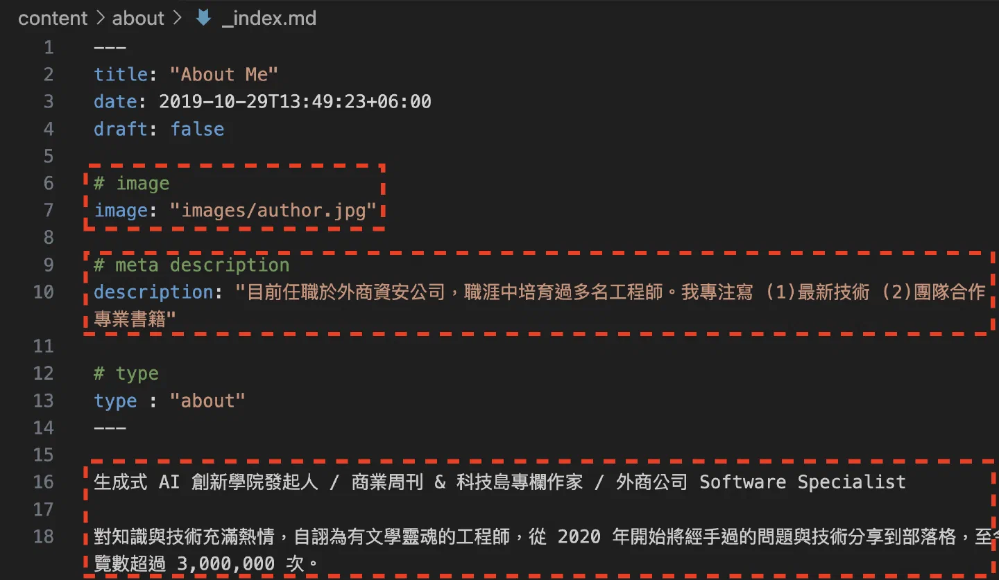 About 頁設定檔中的頭像、描述與自我介紹