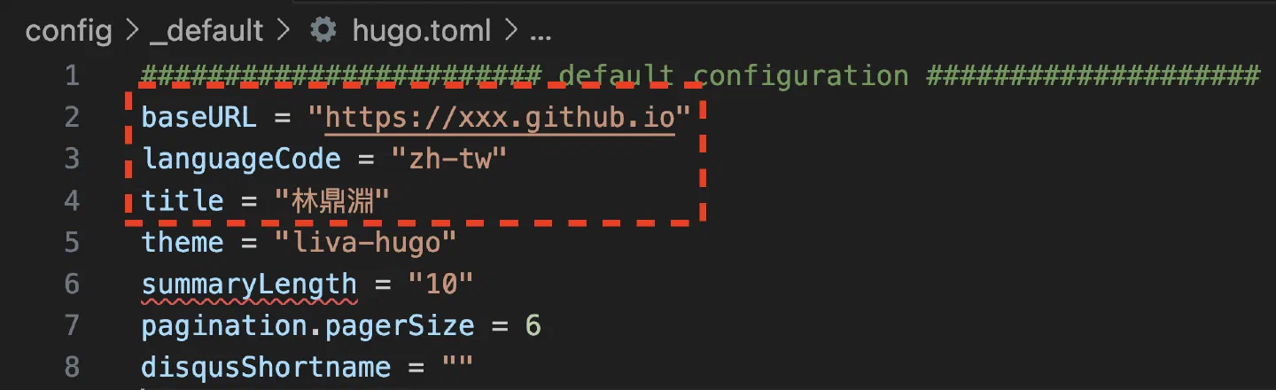 hugo.toml 中設定網站網址、語系與標題