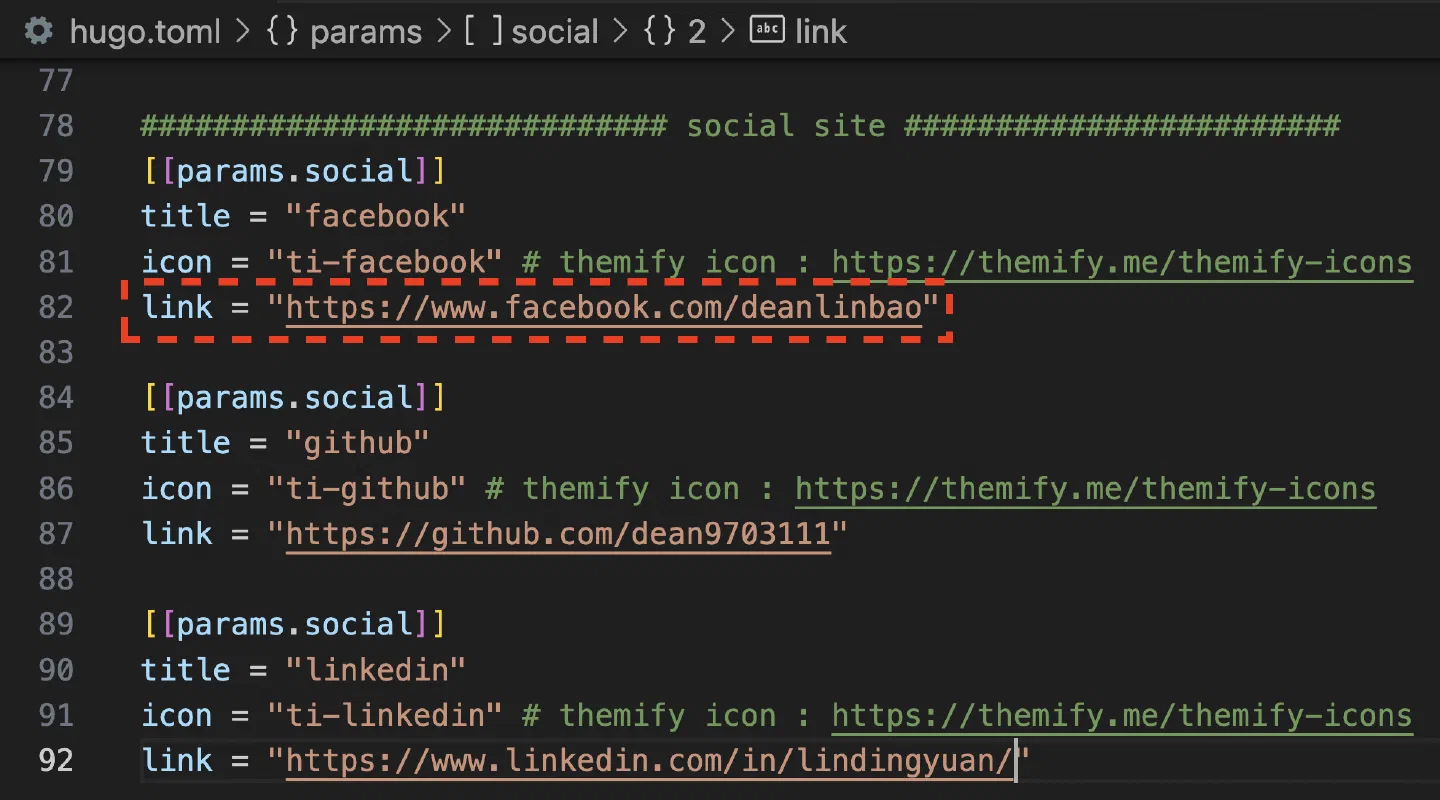 hugo.toml 的 social 區塊設定社群連結