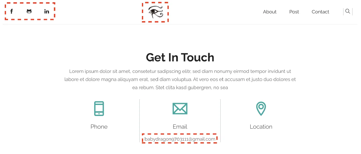 Contact 頁顯示新的 Logo、社群圖示與 Email
