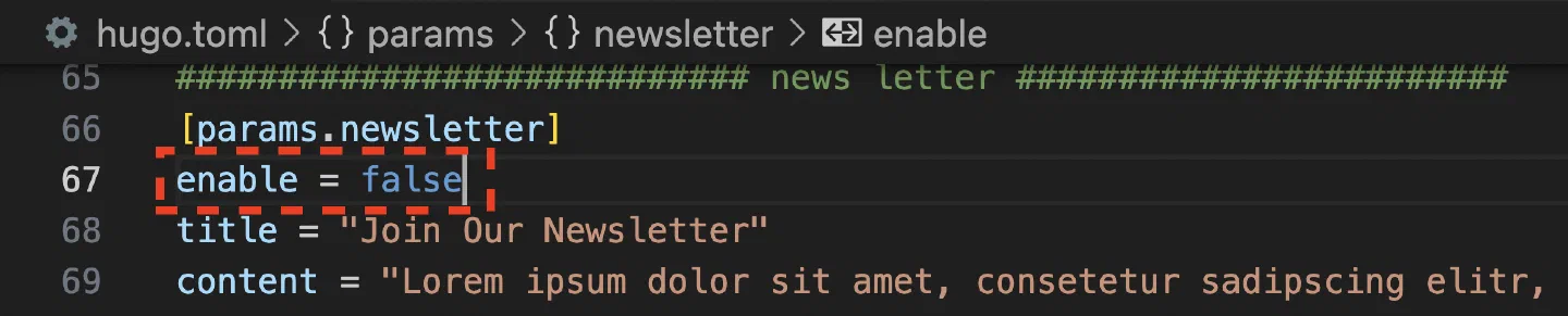 hugo.toml 中關閉 newsletter 的設定