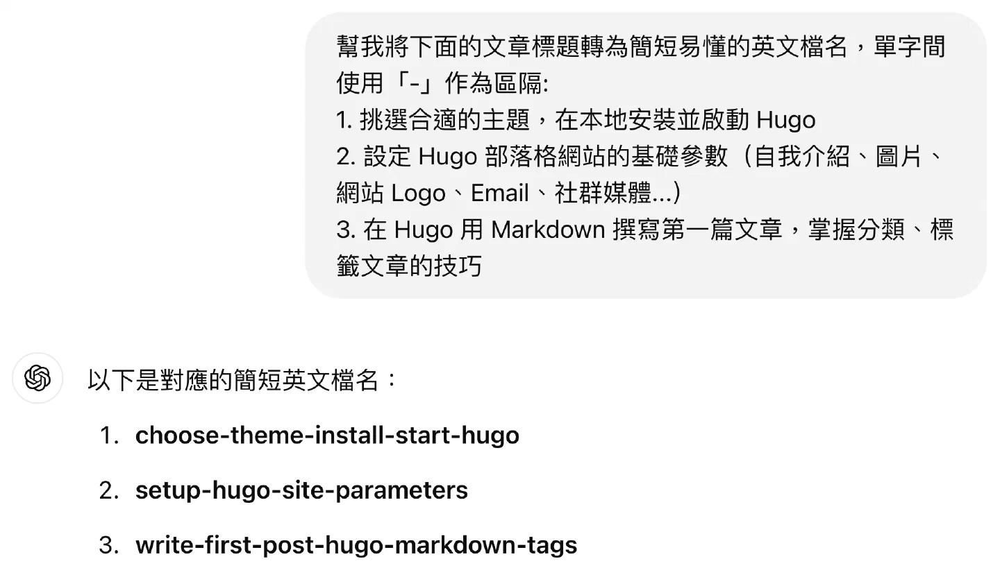 ChatGPT 將三篇文章標題轉成英文檔名的對話