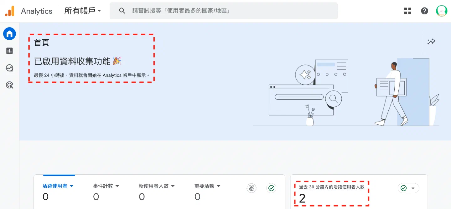 GA 首頁顯示已啟用資料收集與活躍使用者人數