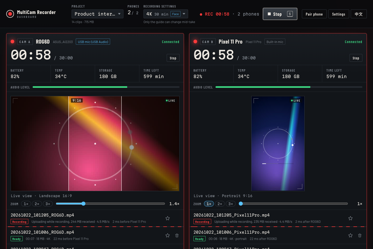 MultiCam Recorder dashboard: two Android phones recording 4K in sync, one landscape 16:9 and one portrait 9:16, with a REC timer in the top bar, live views, audio meters and clips uploading to the computer