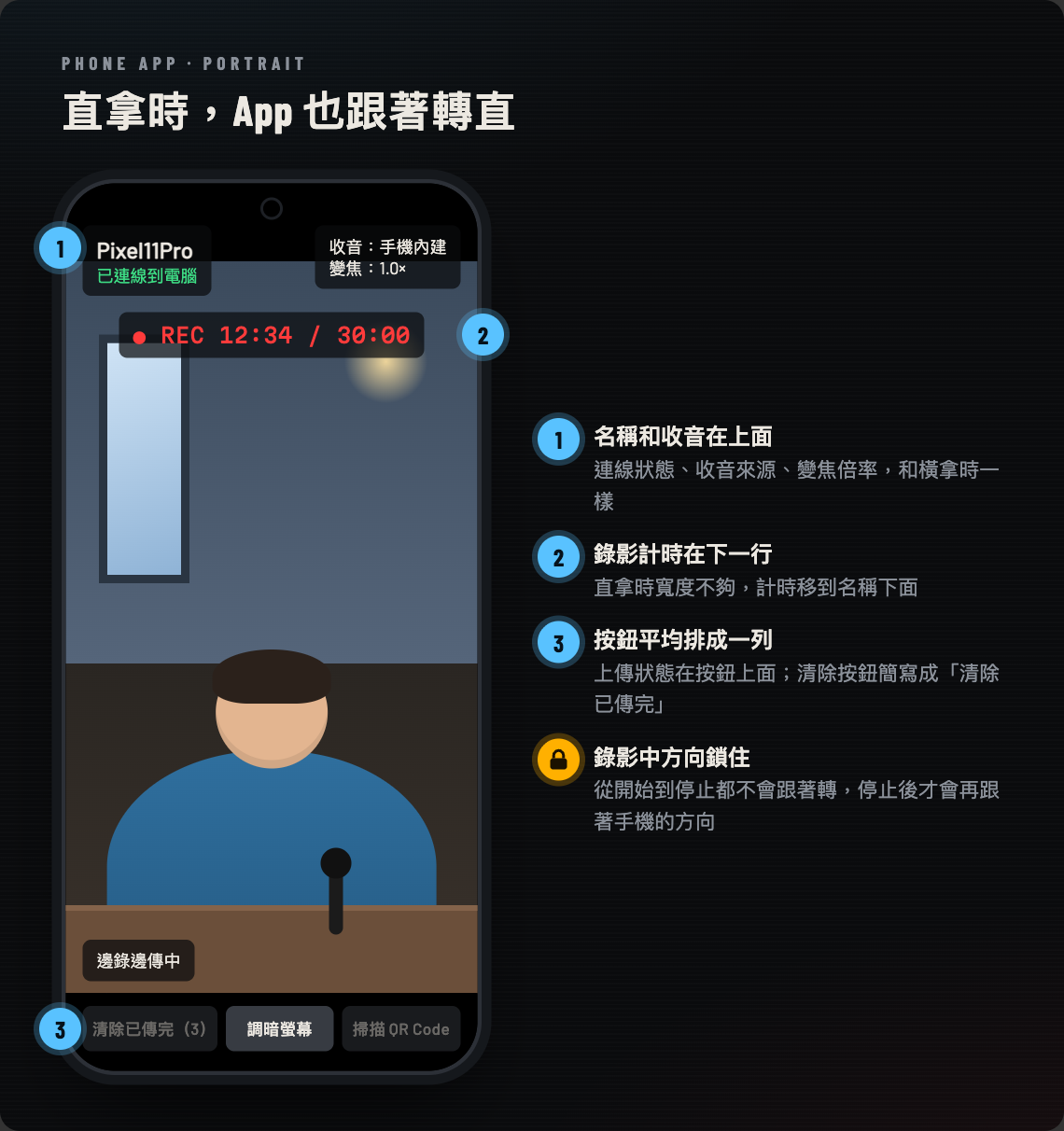 手機 App 直拿時的畫面：名稱和收音在上面、錄影計時在下一行、三個按鈕在最下面排成一列，錄影中方向鎖住