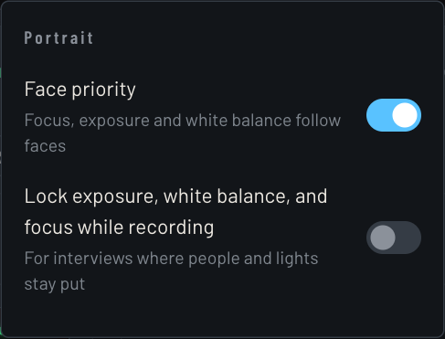 Portrait section at the bottom of the Recording settings menu: face priority checked (focus, exposure and white balance follow faces), exposure, white-balance and focus lock unchecked (brightness, color and focus stay the same for the whole take, best for interviews where people and lights stay put)