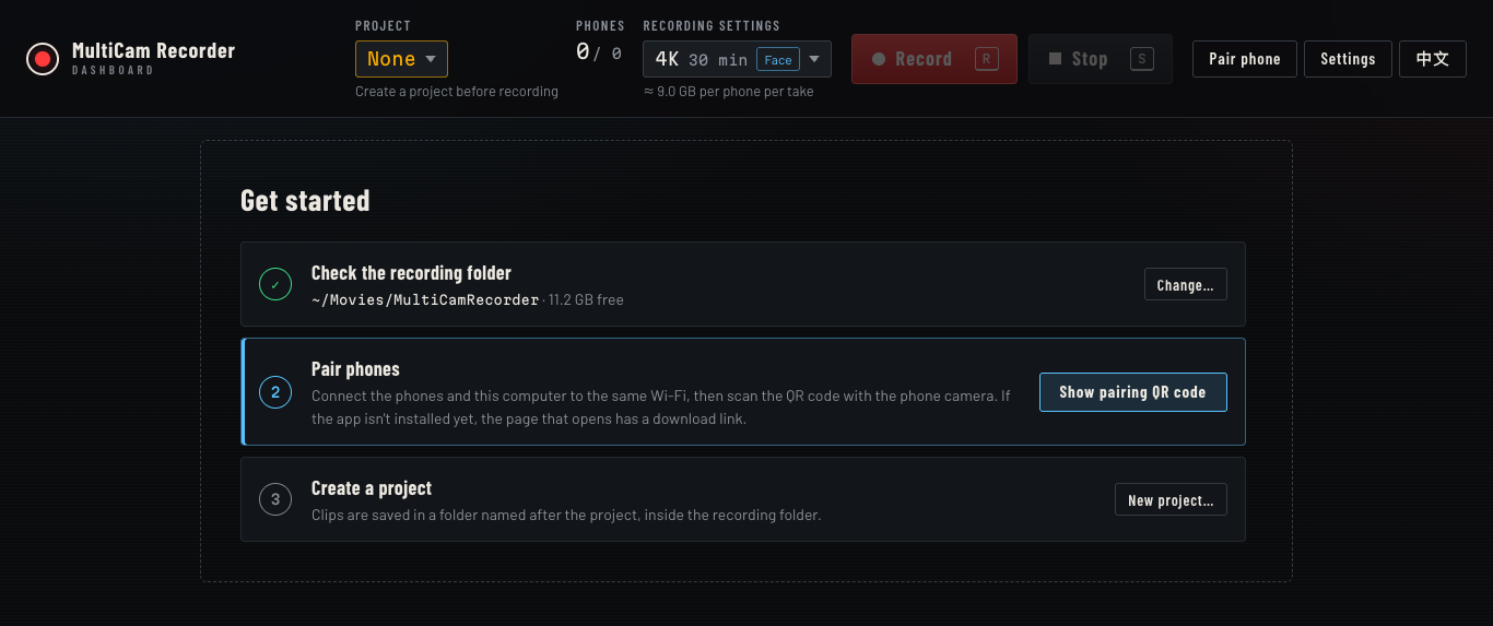 The dashboard's setup screen with three steps: confirm the recording folder, pair a phone, create a project